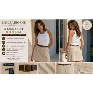 Liz Claiborne Lizsport Beige A-Line Mini Skirt Belted Womens Size 10 Y2K